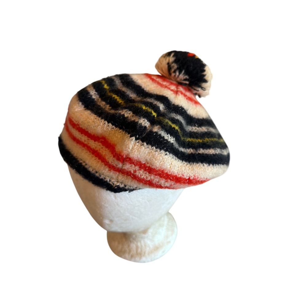 Vintage Knit Beret Cream Red Black Striped Pom-Pom Tam Slouchy Boho Hat